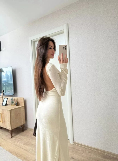 Sırt dekolteli Uzun Kollu Elbise - Kırık Beyaz