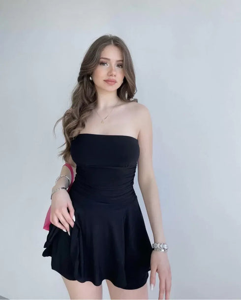 Kadın Straplez Sandy Kumaş Şortlu Prenses Etek Mini Klos Elbise- Siyah