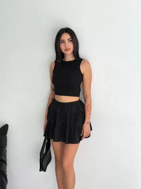 Keten Şortlu Etek - Siyah