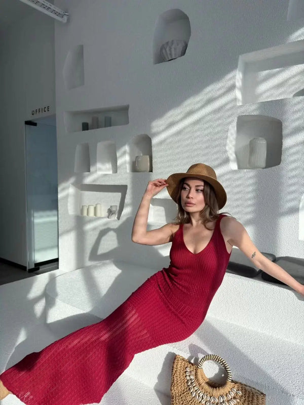 Örgülü Uzun Triko Elbise - Bordo