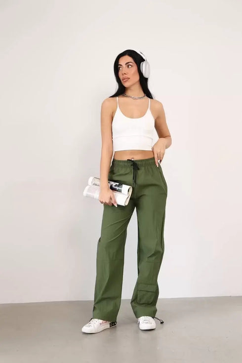 Praşut Kumaş Paça Cepli Baggy Eşofman - Haki