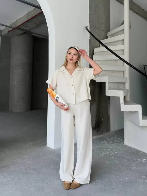 Keten Kısa Kollu Gömlek Pantolon ikili Takım - Beyaz
