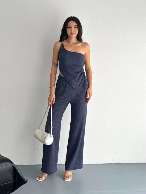 Asimetrik Crop Pantalon ikili Takım - Lacivert
