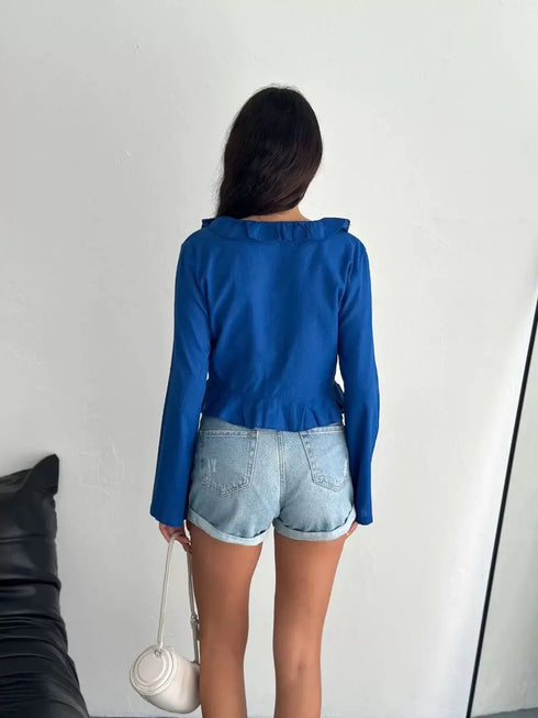 Keten Uzun Kol Bağacık Detaylı Bluz - Lacivert