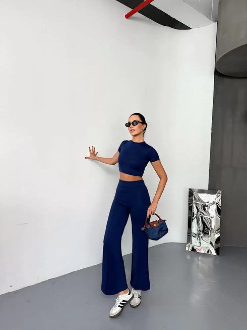 Osy Modal Yumuşak Dokulu Kumaş Kısa Kollu Crop Alt ispanyol Paça Pantalon ikili Takım - Lacivert
