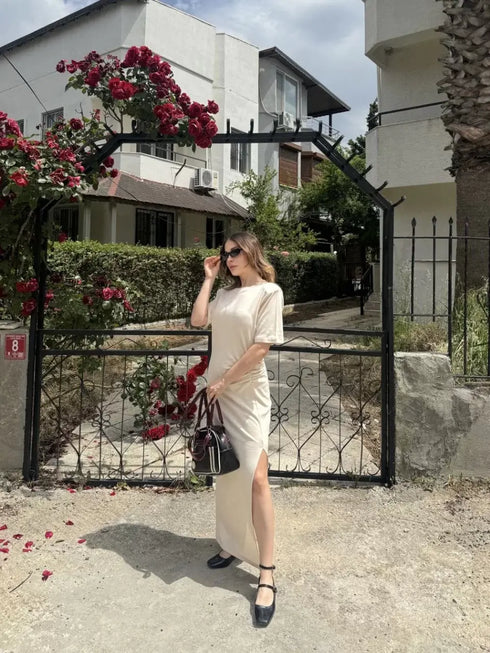 Kadın Kısa Kollu Uzun Yandan Yırtmaçlı Elbise - Beyaz