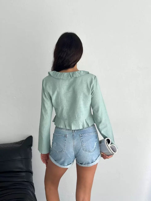 Keten Uzun Kol Bağacık Detaylı Bluz - Yeşil