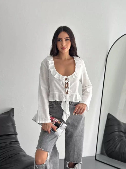 Keten Uzun Kol Bağacık Detaylı Bluz - Beyaz