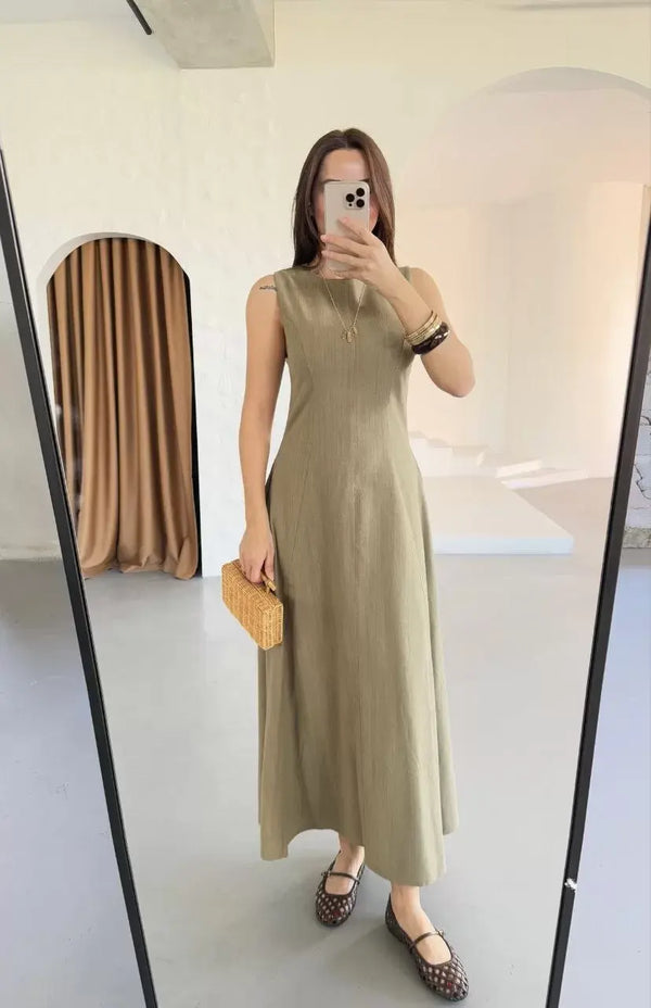 Keten Kolsuz Uzun Sırtı Kapalı Bisiklet Yaka Elbise - Haki