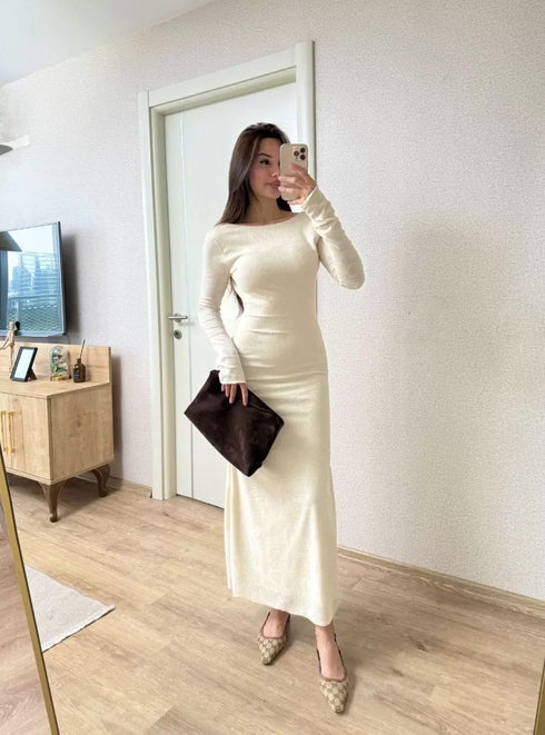 Sırt dekolteli Uzun Kollu Elbise - Kırık Beyaz