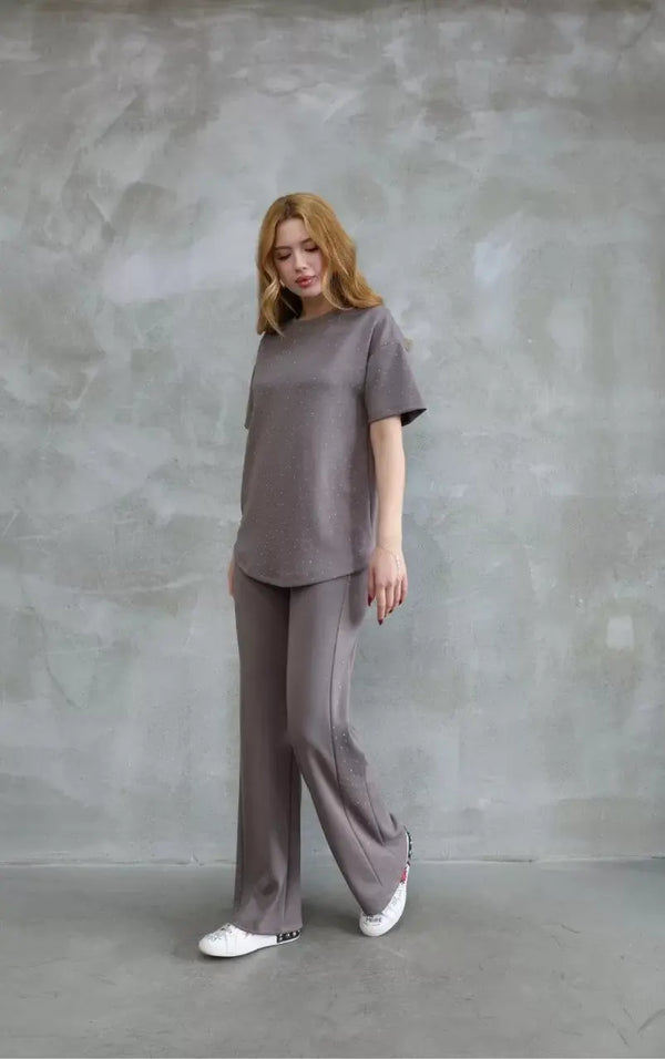 Osy Modal Yumuşak dokulu Kumaş Bisiklet Yaka Taş detaylı Kısa Kollu Takım - Vizyon