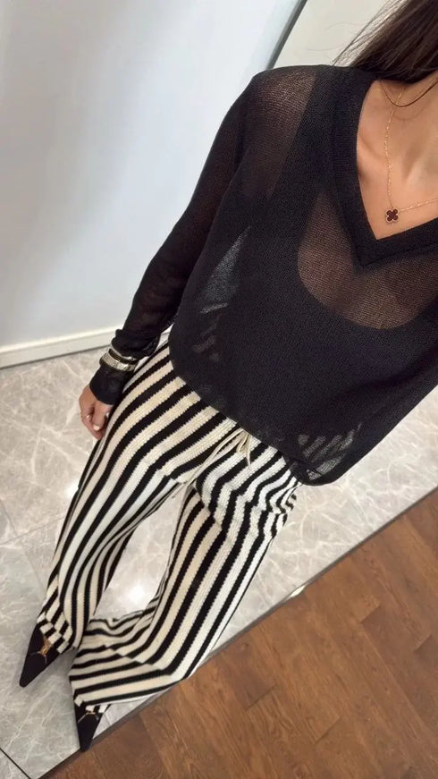 V Yaka uzun Kollu Triko ince Bluz - Siyah