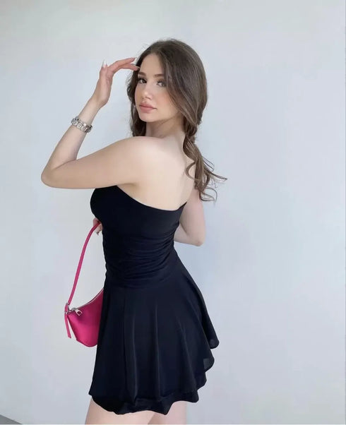 Kadın Straplez Sandy Kumaş Şortlu Prenses Etek Mini Klos Elbise- Siyah