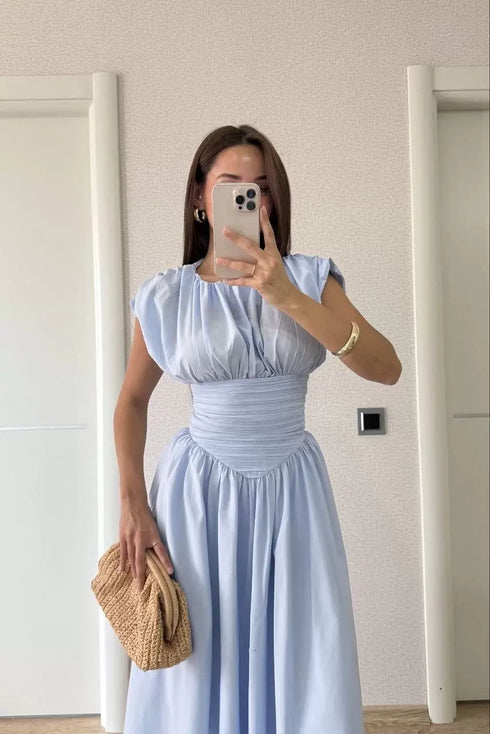 Kadın Kolsuz Bel Detaylı Yazlık Poplin Kumaş Uzun Elbise - Mavi