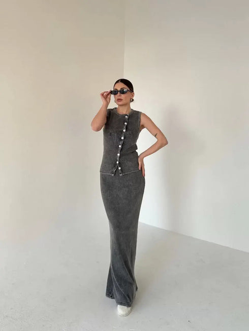 Uzun Etekli Önü Düğmeli Badi İkili Takım- Antrasit