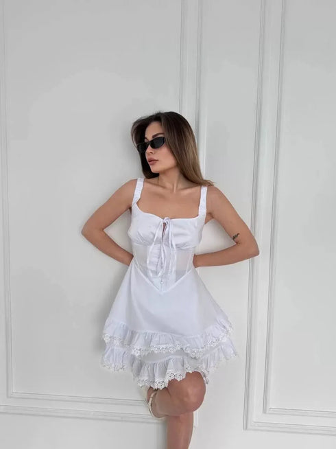 Fırfırlı Askılı Mini Elbise - Beyaz