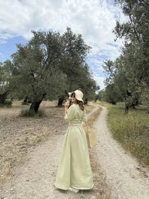 Kadın Keten Kısa Kollu uzun Elbise - Mint Yeşili