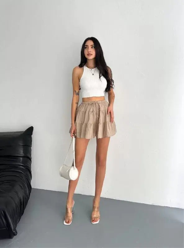 Keten Şortlu Etek - Açık Kahve