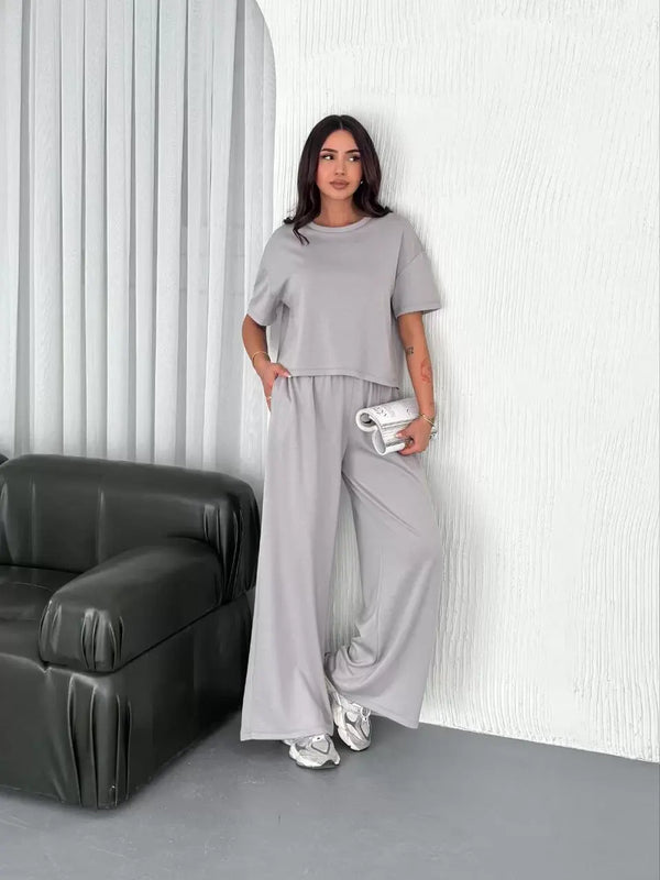 Osy Modal Yumuşak Dokulu Kumaş Bisiklet Yaka T-shirt Bol paça Pantalon ikili Takım - Boyalı Gri