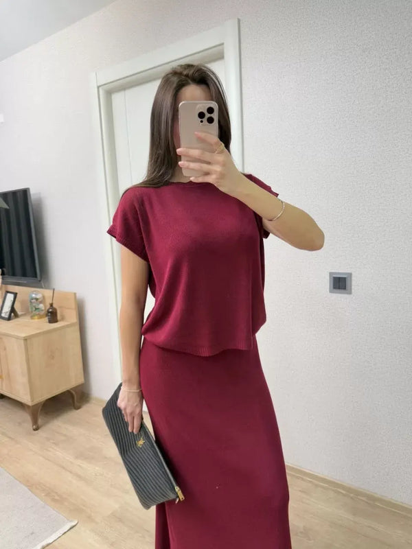 Bisiklet Yaka Bluz Uzun Etekli ikili Takım Triko - Bordo