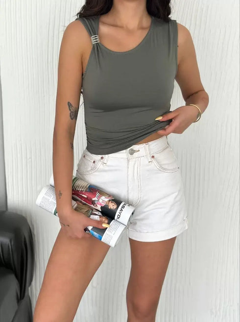 Osy Modal Yumuşak Dokulu Kumaş Bisiklet Yaka Kadın Sıfır Kol Bluz Omuz Toka Aksesuar Detaylı - Haki