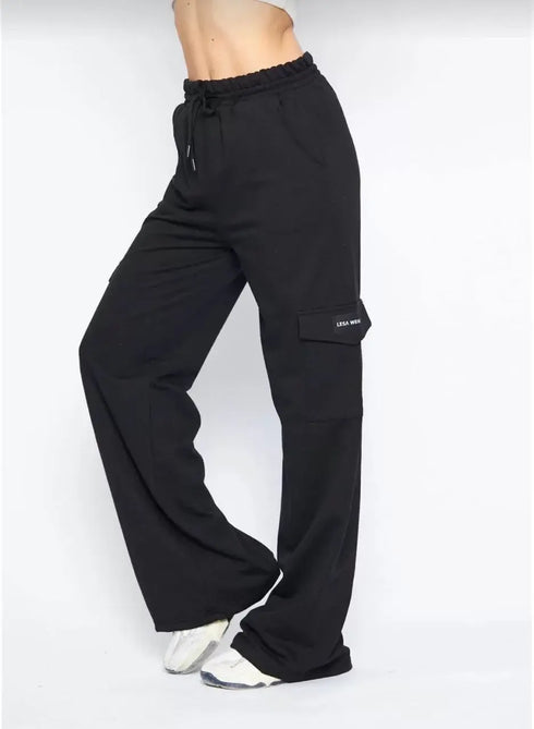 Kargo Cepli Palazzo Oversize Kesim İki iplik Bol Paça Eşofman Altı Pantalon - Siyah