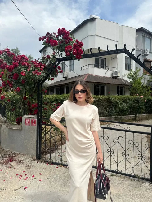 Kadın Kısa Kollu Uzun Yandan Yırtmaçlı Elbise - Beyaz