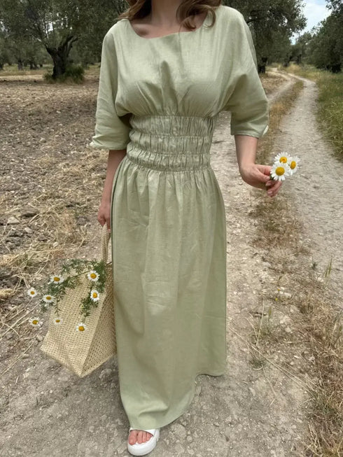 Kadın Keten Kısa Kollu uzun Elbise - Mint Yeşili