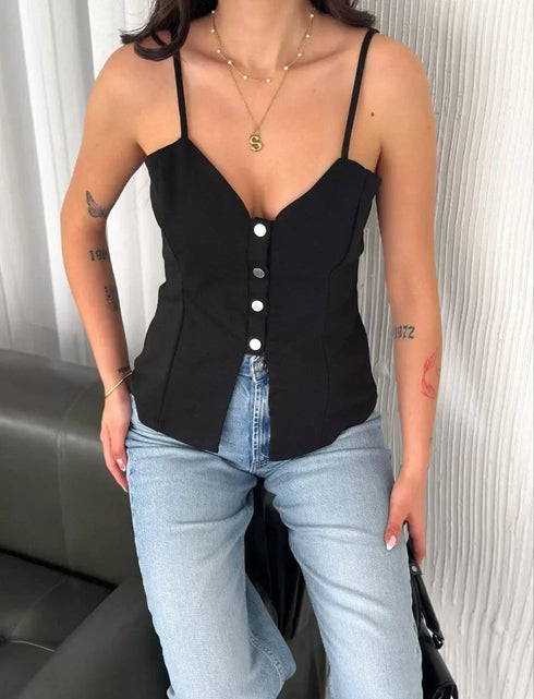 Askılı Dekolte deraylı bluz crop - Siyah