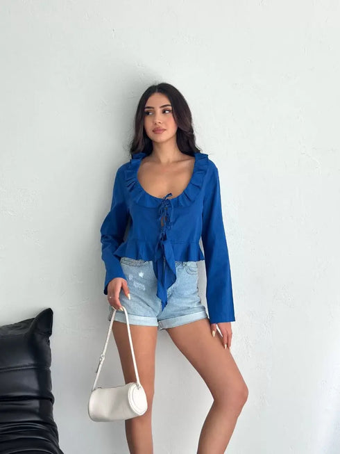 Keten Uzun Kol Bağacık Detaylı Bluz - Lacivert