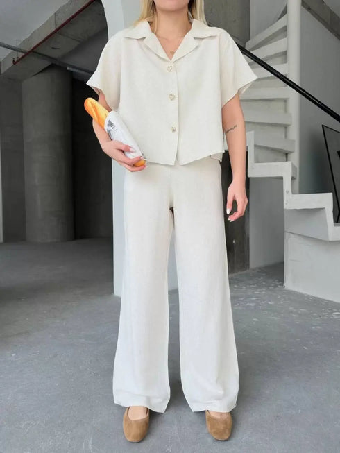 Keten Kısa Kollu Gömlek Pantolon ikili Takım - Beyaz