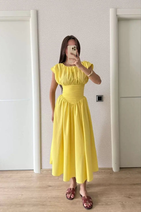 Kadın Kolsuz Bel Detaylı Yazlık Poplin Kumaş Uzun Elbise - Sarı