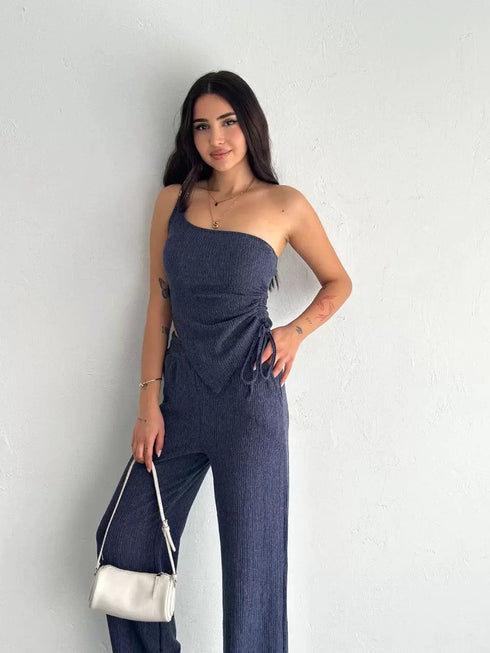 Asimetrik Crop Pantalon ikili Takım - Lacivert
