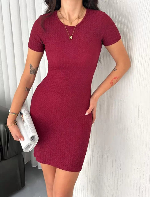 Kadın Bisiklet Yaka Kısa Kol Likralı Elbise - Bordo