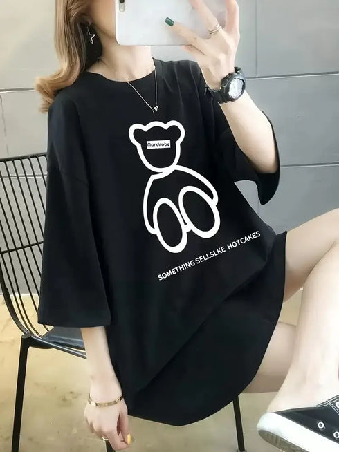 Baskılı Oversize Bisiklet Yaka T-shirt - Siyah