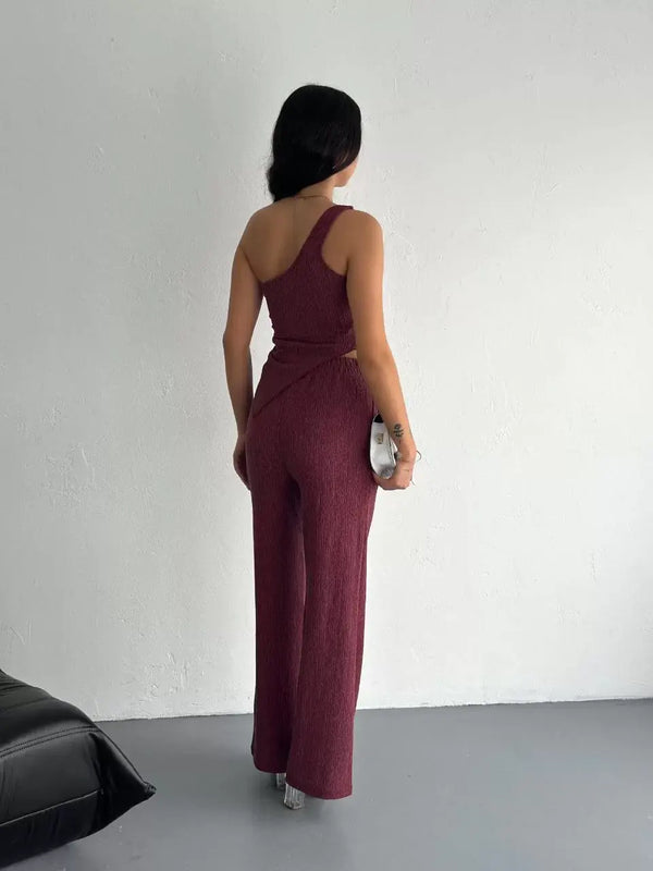 Asimetrik Crop Pantalon ikili Takım - Gül Kurusu