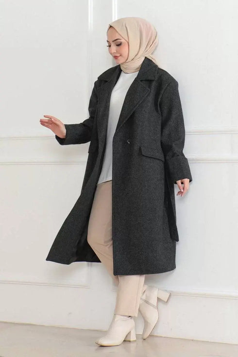 Beli Kuşaklı Yünlü Dokuma Kaşmir Kaban - Siyah