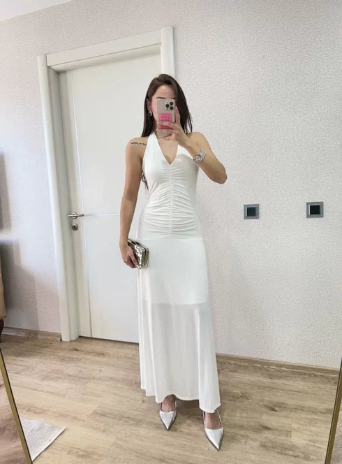 Sırt dekolteli Uzun Kollu Elbise - Beyaz