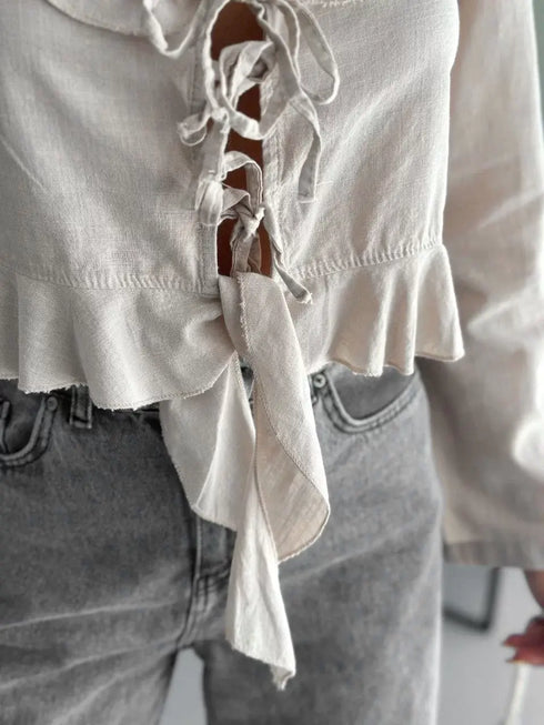 Keten Uzun Kol Bağacık Detaylı Bluz - Bej