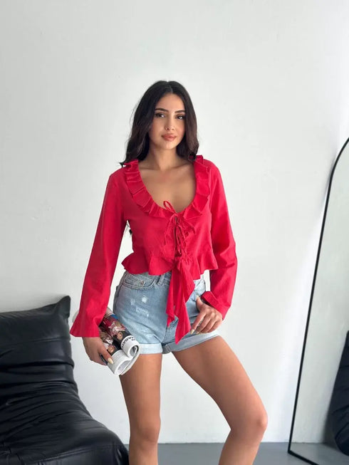 Keten Uzun Kol Bağacık Detaylı Bluz - Kırmızı