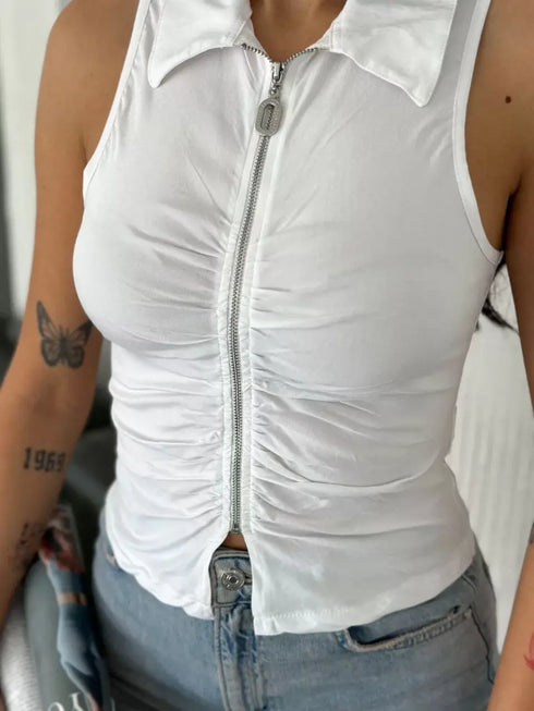 Yakalı Tam Fermuarlı Kolsuz Bluz - Beyaz