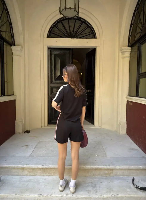 Osy Modal yumuşak dokulu Kumaş Kadın Parçalı Bisiklet Yaka T-shirt Mini Şortlu Etek İkili Takım - Siyah