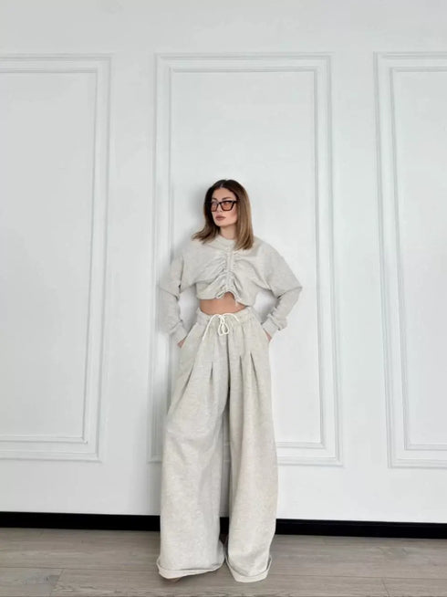 Uzun Kollu Önü İp Büzgülü Crop ve Pantolon İkili Takım - Gri