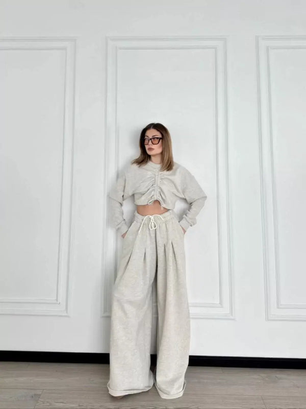 Uzun Kollu Önü İp Büzgülü Crop ve Pantolon İkili Takım - Gri