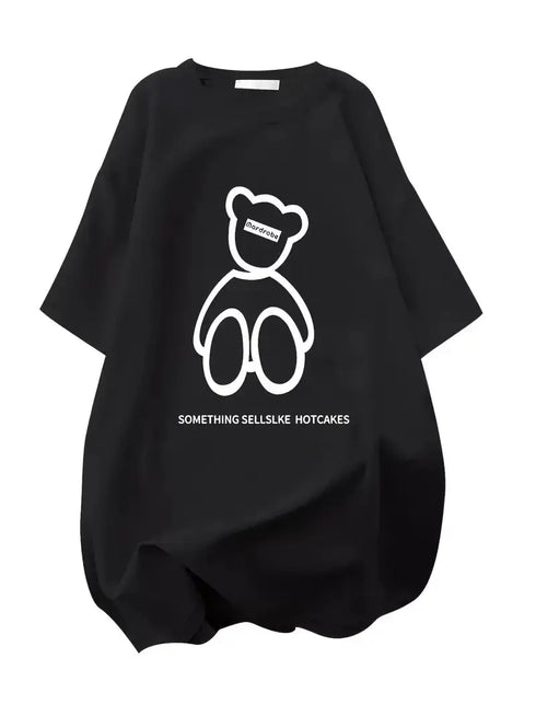 Baskılı Oversize Bisiklet Yaka T-shirt - Siyah