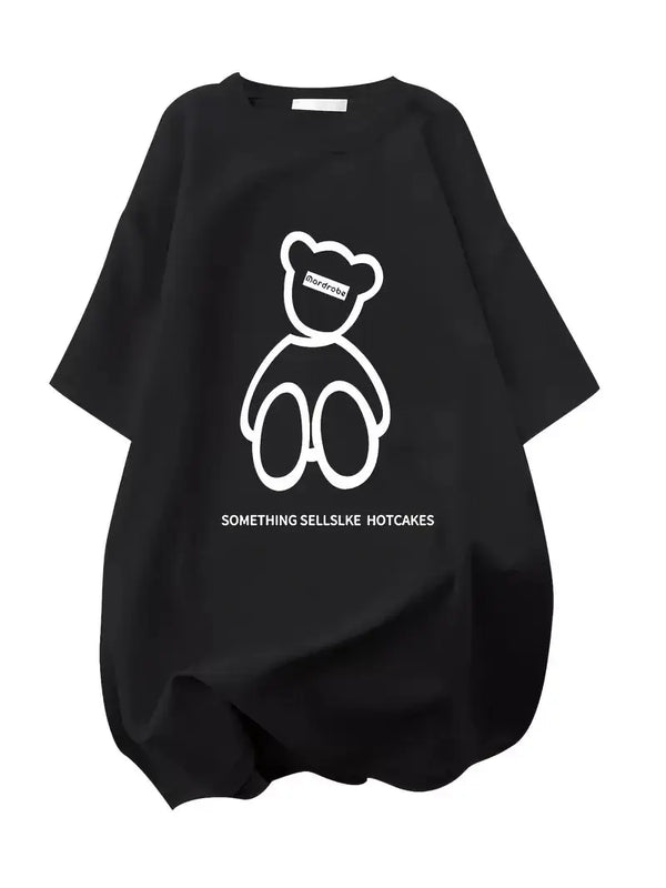 Baskılı Oversize Bisiklet Yaka T-shirt - Siyah