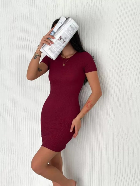 Kadın Bisiklet Yaka Kısa Kol Likralı Elbise - Bordo