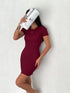 Kadın Bisiklet Yaka Kısa Kol Likralı Elbise - Bordo