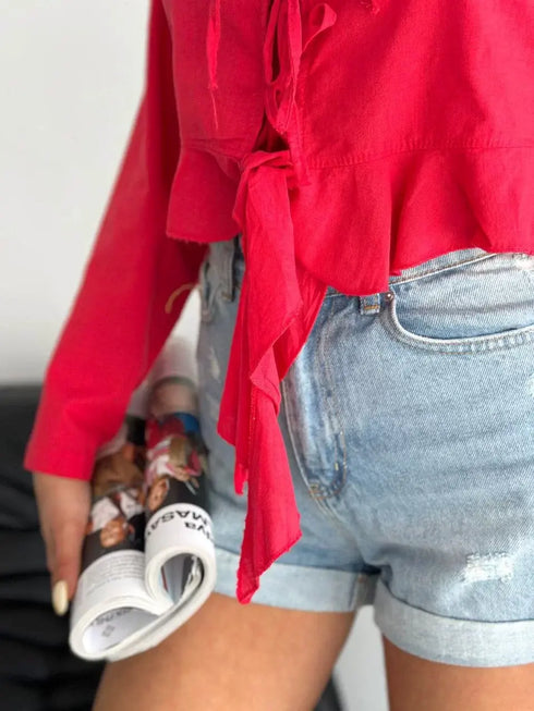 Keten Uzun Kol Bağacık Detaylı Bluz - Kırmızı