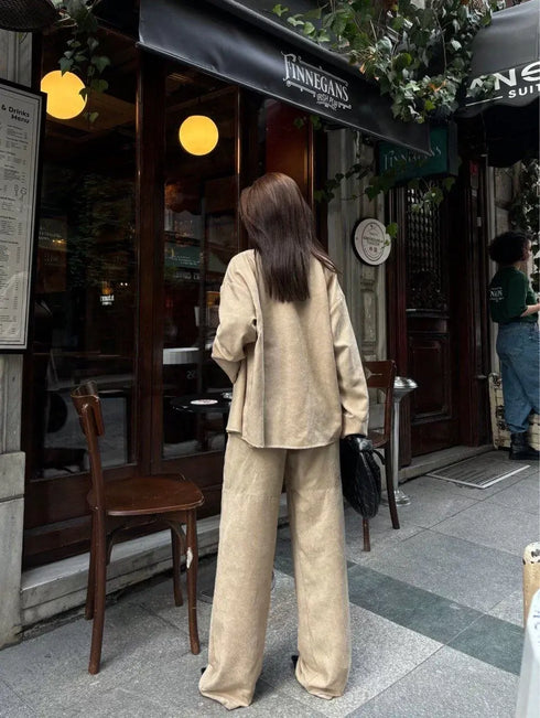 Süet Gömlek Palazzo Pantolon İkili Takım - Bej